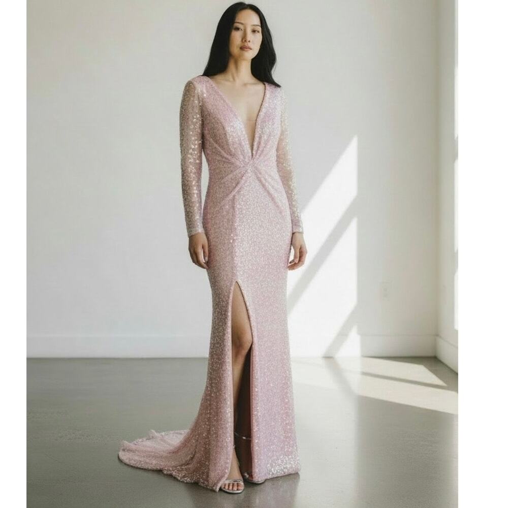 Coya Collection Women's Sequins Twist Front Maxi Dress Long Sleeve Pink S NWT